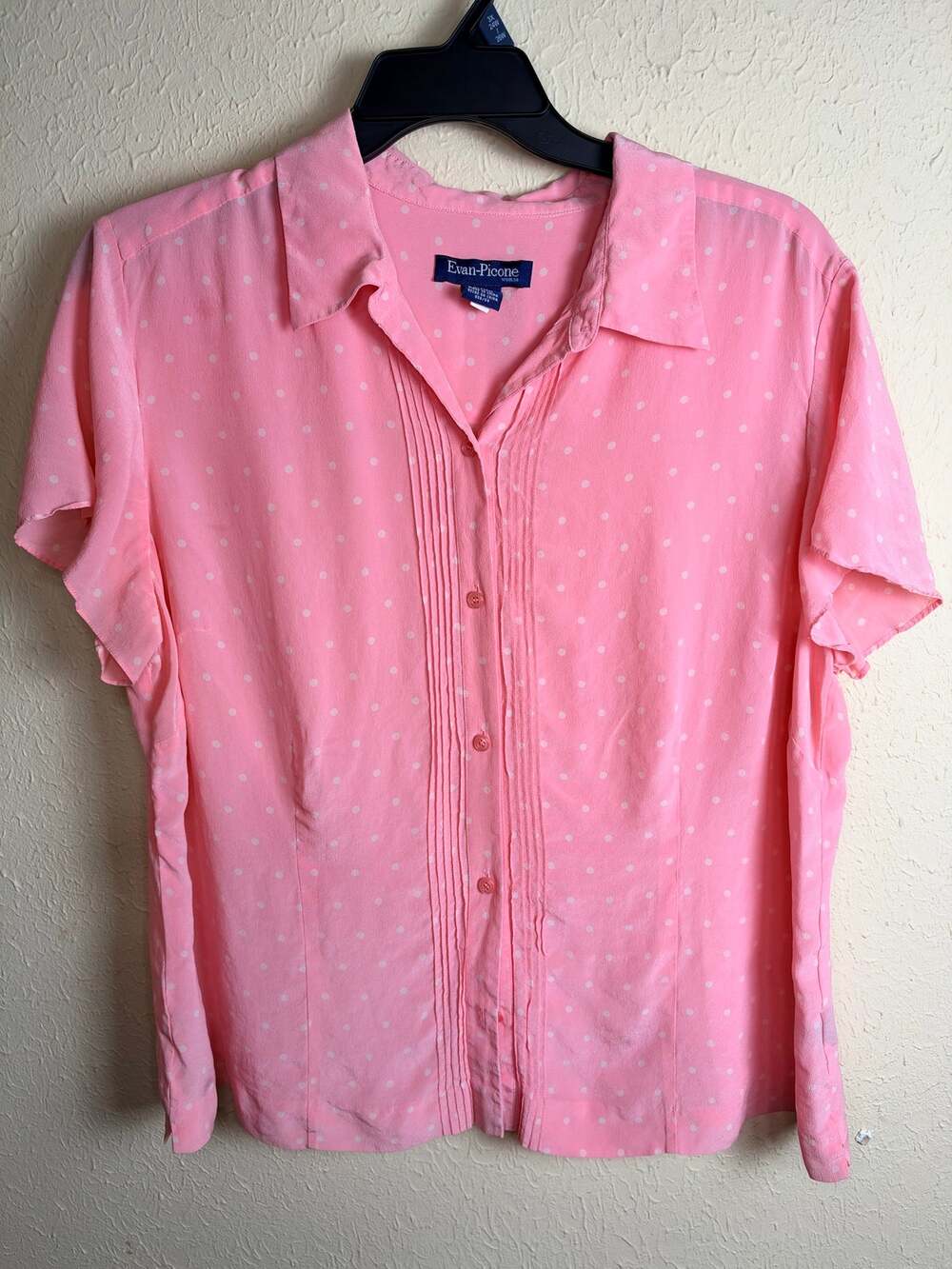 Evan Picone Women's Size 20 W 100% Silk Polka Dot Pink Blouse Top Button Down